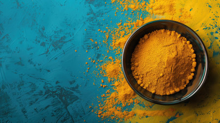Bowl of turmeric powder on colorful backgroundの素材