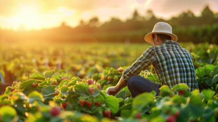 Farmer harvesting strawberries in field at sunsetの素材