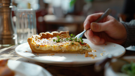 Close-up of person's hand using fork to eat slice savory pie garnished with herbsの素材