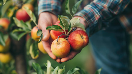 Person holding ripe apples in orchardの素材