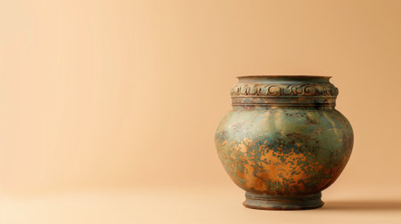 Ancient green patinated vase against neutral backgroundの素材