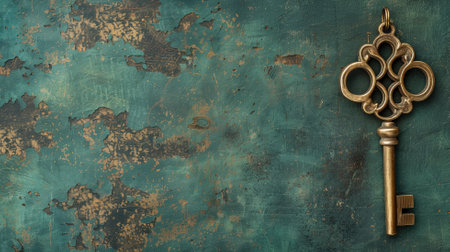 Vintage key on distressed, turquoise backgroundの素材