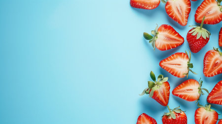 Fresh sliced strawberries spread out on blue backgroundの素材