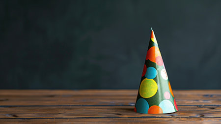 Colorful party hat on wooden surface against dark backgroundの素材