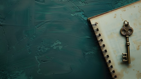 Vintage key on spiral notebook with abstract green textured backgroundの素材