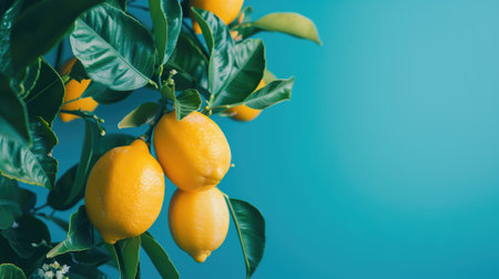 Bright yellow lemons hanging on branch with lush green leaves against blue backgroundの素材