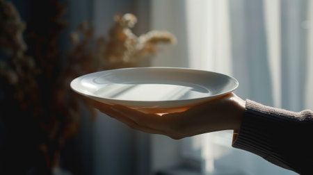 Hand holding empty plate by window with natural lightの素材