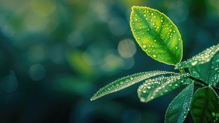 Close-up of dew-covered green leaves with blurred backgroundの素材