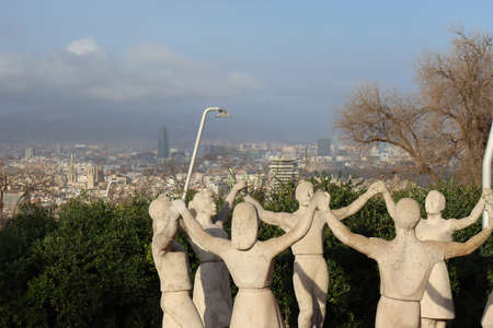 Monument to the National Dance of Catalonia Sardana on Mount Montjuic with a view of Barcelonaのeditorial素材