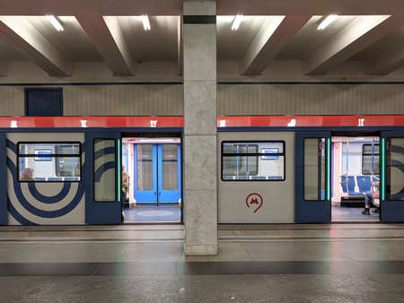 An empty wagon of the Moscow electric train at the Akademicheskaya station of the Moscow metroのeditorial素材