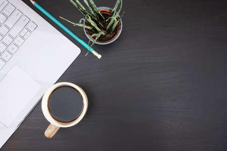 Dark, wooden, office desk top view. On the table there is: a plant in a pot, karanadsh, a cup of...