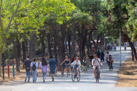 Road with tourists in the forest of Buyukada island, Adalar Islands, Turkey, Stanbulのeditorial素材