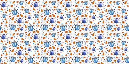 watercolor seamless pattern with cups and spicesの写真素材