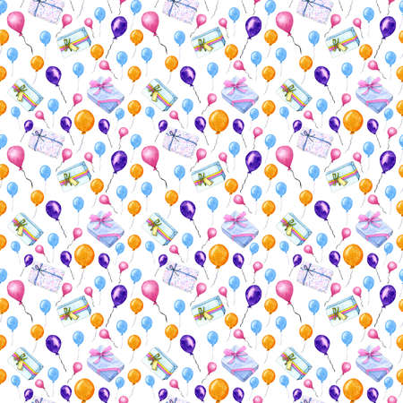 Gift and ballon colorful watercolor seamless pattern.の写真素材