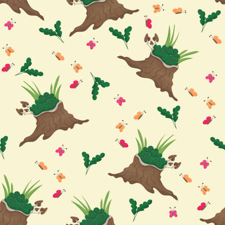Tree stump with greens and butterflies seamless patternのイラスト素材