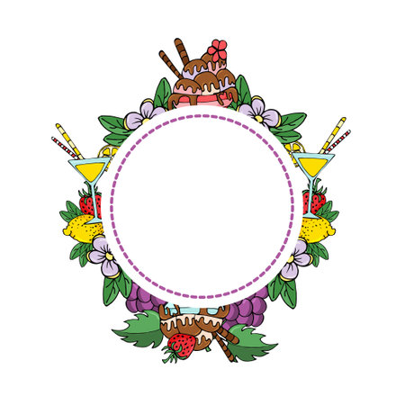 Fruits summer round frame. Sticker with sweets.のイラスト素材