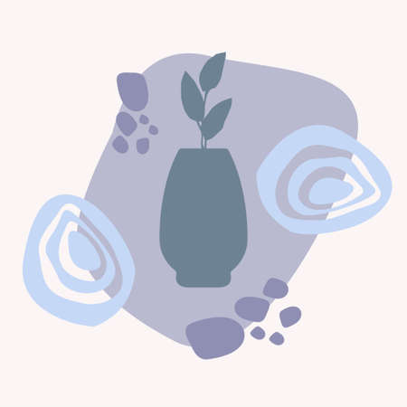 Vase with tropical plants and abstact colorful shapes