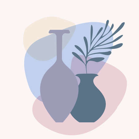 Vase with tropical plants and abstact colorful shapesのイラスト素材