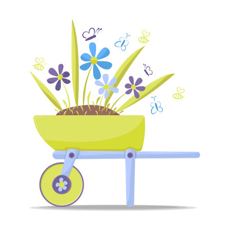 Gardening tools green wheelbarrow with plants isolated on white backgroundのイラスト素材