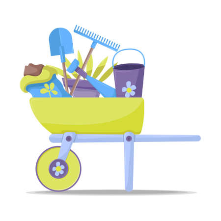 Green wheelbarrow with gardening tools isolated on white backgroundのイラスト素材