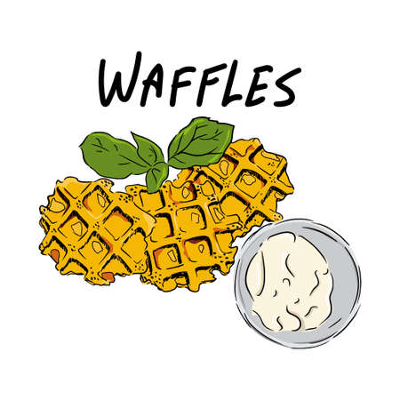 Tasty Belgian waffles hand drawn sketch. Vector illustration.のイラスト素材