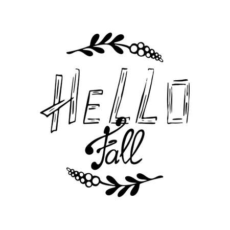 Hello fall doodle illustration with decor. Black and white.のイラスト素材