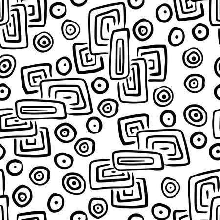 Hand drawn abstract shapes seamless pattern. Black and white background. Line art.のイラスト素材