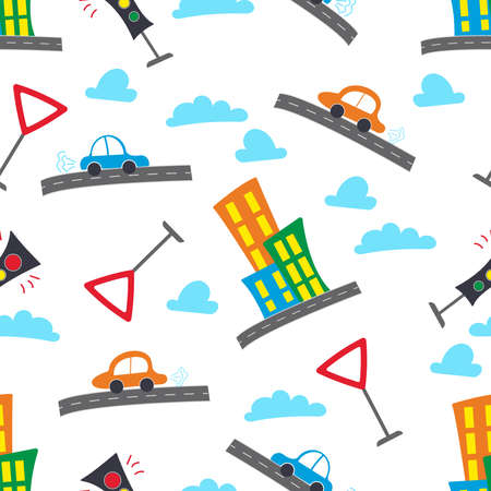 Transportation theme with Car, truck, road signs. Cute and colorful pattern isolated on white background.のイラスト素材