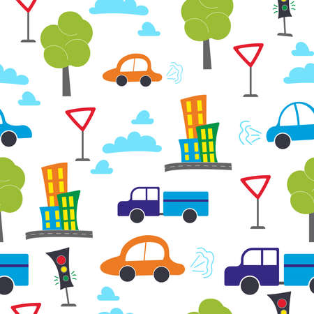 Transportation theme with Car, truck, road signs. Cute and colorful pattern isolated on white background.のイラスト素材