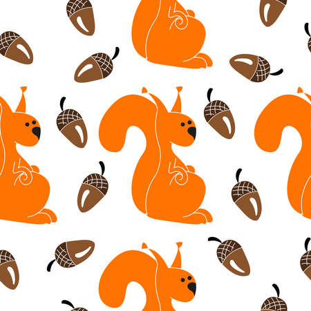 Cute squirrel and arcon seamless pattern on white background.のイラスト素材