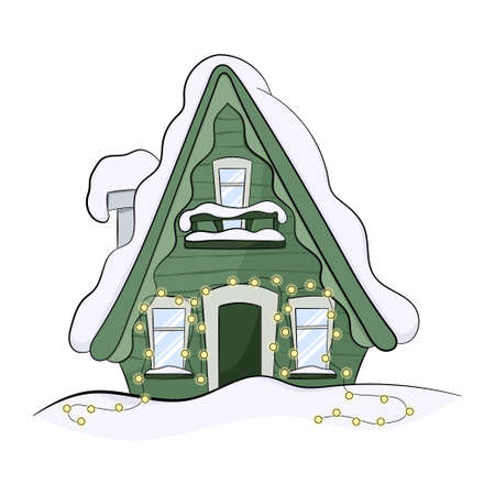 Cartoon Winter house. Vector image of the green wooden christmas house covered with snow.のイラスト素材