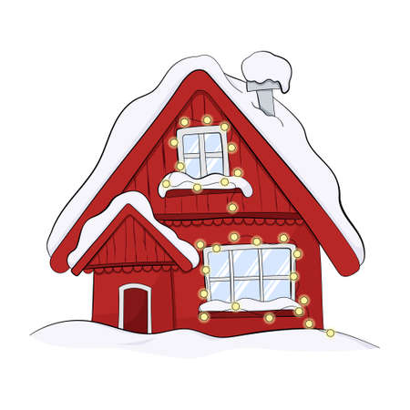 Cartoon Winter house. Vector image of the red christmas house covered with snow.のイラスト素材