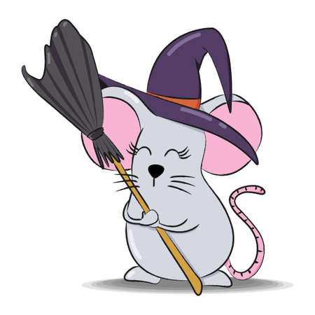 Halloween mouse with witch hat and broom. Isolated on white background.のイラスト素材