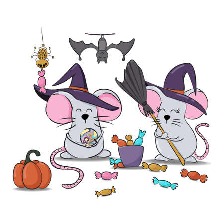 Halloween mice with bat, spider and sweets illustration.のイラスト素材