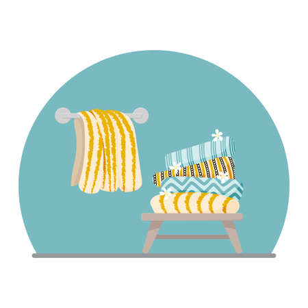 Towels on bench and hanging towel illustration. Colorful vector.のイラスト素材