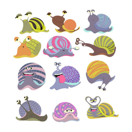Cute colorful cartoon snail set. Isolated on white background.のイラスト素材