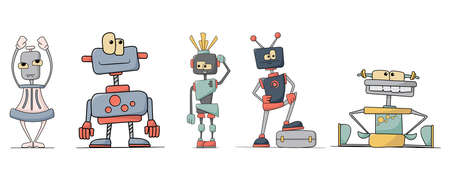 Cute cartoon robots set. Isolated on white background.