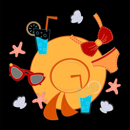 Beach time composition. Cartoon flat style illustrations.のイラスト素材