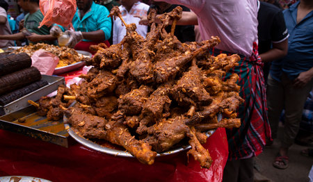 Roasted leg pieces of mutton at a street food market in Dhaka, Bangladeshの写真素材