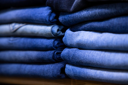 folded blue jeans pant pattern texture. Selective Focusの写真素材