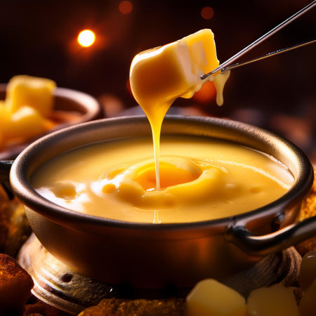 Cheese fondue with melted butter in a pot on wooden backgroundの素材