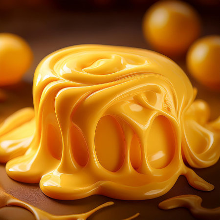 Cheese fondue with caramel on brown background. Closeup.の素材
