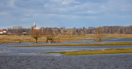 Spring flood in the village on the bank of the Bug river in Polandの写真素材