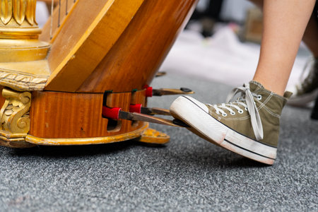 Close-up of the feet of a girl playing the harpの写真素材