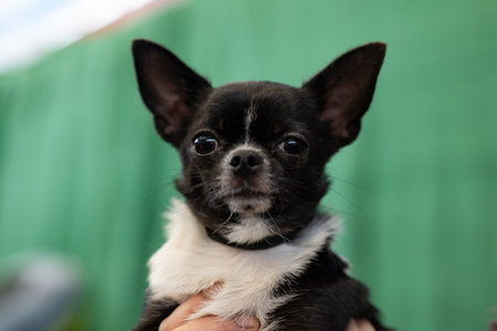 Chihuahua puppy in the hands of the owner. Shallow depth of field.の写真素材
