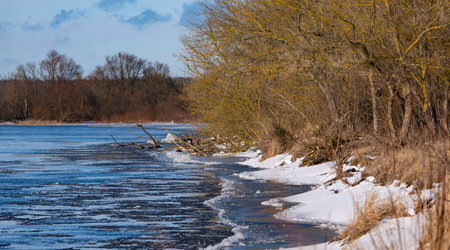Spring River, the ice on the river. picturesque spring landscape with river ice melted bare trees...