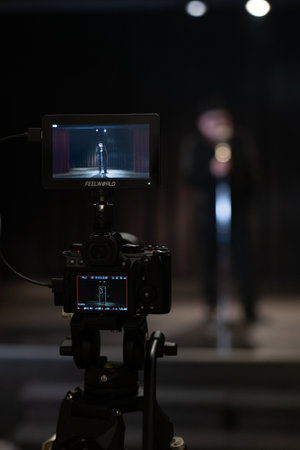 Cameras on a tripod in a movie studio. Selective focus.
