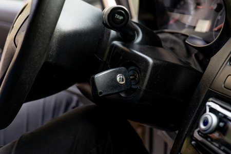 Close-up of a steering wheel of a modern car. Car interiorの写真素材