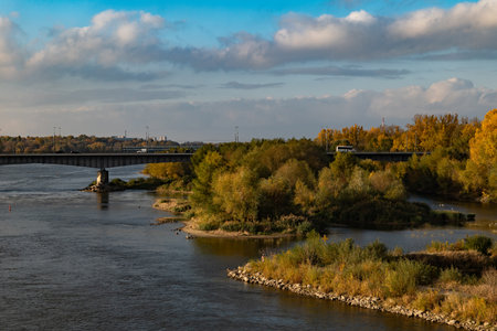 Autumn landscape of the Vistula River in Warsaw, Polandの写真素材