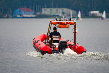 Rescue boat on the Narew river in summer,の写真素材